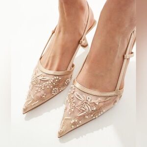 Zara Elegant Embroidered Beige Slingback Heels